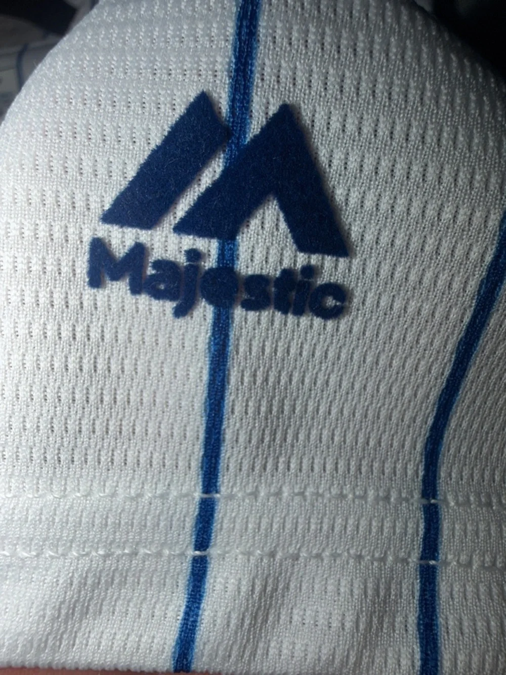 Majestic White with Blue Pinstripes Baseball Cool Base Jersey - Picture 7 of 7